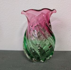 Vintage Teleflora Pink Green Watermelon Hand Blown Art Glass Ruffled Vase